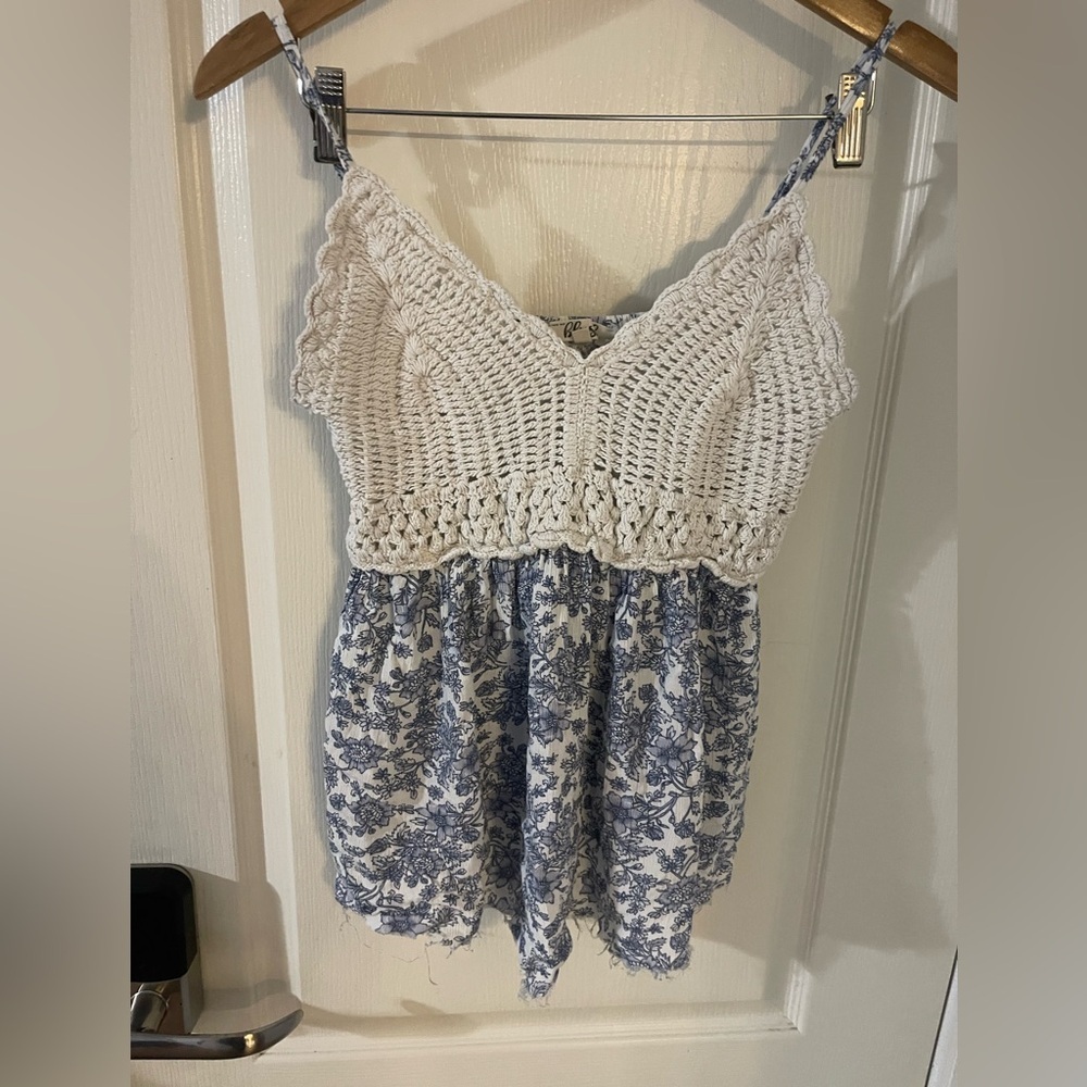 Blush Cream Crochet Top with Blue Floral Skirted Hem